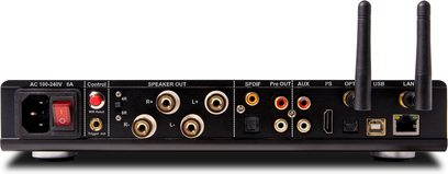 Nuprime Omnia A300SE sort hi-fi stereoforstærker, bagside, audio- og netværksforbindelser, kontrolknapper og indikatorer