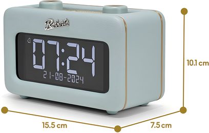 Roberts Revival Rest himmelblå bordradio, glat plastkasse med afrundede kanter og gyldne kanter, set fra højre forside i trekvart, stort sort digitalt display og to runde knapper på toppen
