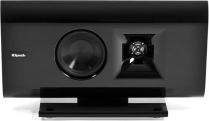 Sort kompakt Klipsch Gallery G-12 højttaler set forfra, cirkulær højttaler, dome tweeter, rektangulær base