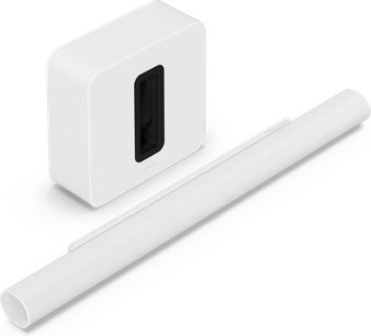 Hvid mat soundbar og subwoofer, set i perspektiv, aflange cylindriske bar, lodret rektangulær subwoofer
