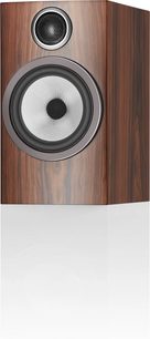 Boxă bibliotecă Bowers & Wilkins 706 S3 maro, vedere frontală, carcasă din lemn, difuzoare argintii și negre