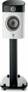 Sort Sopra Focal sort med cylindrisk centralsupport, bred base, hvid højttaler med cirkulær højttalerenhed og gitter