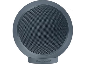 Cassa hi-fi compatta Elipson Planet M Neptune Stone grigio blu opaco, corpo sferico in metallo su piccolo supporto cilindrico coordinato, griglia circolare traforata a vista, vista frontale