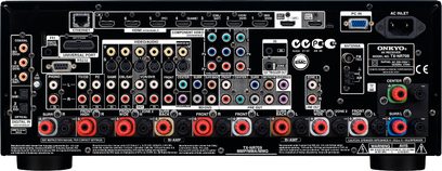 Onkyo TX-NR 709 schwarzer Heimkino-Verstärker, Rückseite, zahlreiche Audio-/Video-Anschlüsse, HDMI-Ports, WLAN-Antenne, Tasten