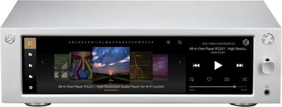 Sølvfarvet all-in-one-musikafspiller RS201 i rosa med skærm, der viser musikafspillergrænseflade