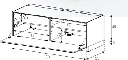 Teknisk diagram med dimensioner af et Sonorous EMX 13040 sort TV-møbel, set forfra og fra siden, i sort og hvid