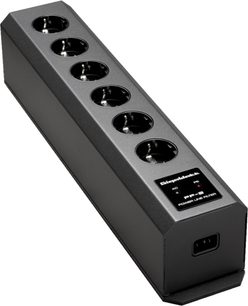 Rektangulær sort strømboks med 6 stik, LCD-skærm, knap, GigaWatt PF-2 strømforsyningskabel
