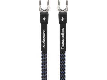 ThunderBird GroundGoody phono cable 1m, front view, silver metal connectors, black sleeves with white inscriptions, black and blue braiding