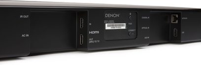 Denon DHT-S516H soundbar, bagside der viser HDMI in/out-stik, optisk indgang, USB, aux-indgang og parringsknappe