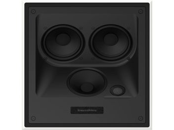 Innfelt takhøyttaler Bowers & Wilkins CCM7.3 S2, svart firkantet kabinett, 2 høyttalere, 1 diskanthøyttaler, metallgrill