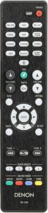 Denon RC-1235 fjernbetjening i sort, set forfra, farverige knapper med tekst, gitterformet layout