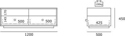 Rektangulært sort TV-møbel med 2 åbne rum på 500 mm bredde og en skuffe på 425 mm bredde og 450 mm højde