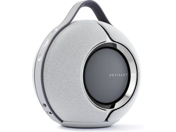Висоговорник Devialet Mania в светлосив цвят, преден изглед, сферична форма, сива текстилна решетка, черен кръгъл екран в центъра