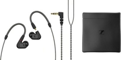 Sennheiser IE 200 in-ear hovedtelefoner, sorte øretelefoner, snoet kabel, vinklet 3,5 mm jackstik, sort etui