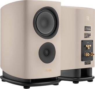Par Canton Reference 9 GS bokhyllehögtalare i sand, fram- och bakvy, beige finish med rundade kanter