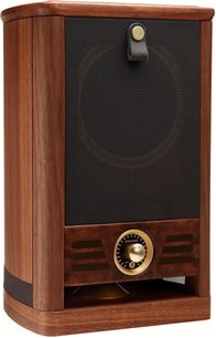 Diffusore da scaffale Fyne Audio Vintage Five con finitura in legno, griglia nera e comando circolare dorato sul frontale