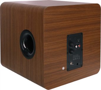 Enova HIFI Vela Sub 8A subwoofer, bagfra set i vinkel, sort cirkulær basrefleksport til venstre, sort kontrolpanel til højre