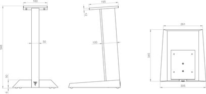 Focal Chora 806 speaker stand, technical diagram with dimensions in millimeters, front, side, and top views