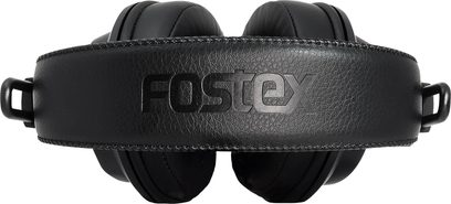 Sluchátka Fostex T50RP mk4 s uzavřenou konstrukcí zobrazená zepředu s černým koženým náhlavním obloukem a kulatými černými polstrováním