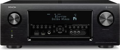 Denon AVR-X4300H sort hjemmebiografsforstærker, frontvisning, blåt display, knapper og stik på forsiden, to sølvfarvede drejeknapper