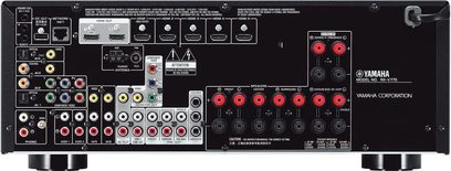 Yamaha RX-V775 sort hjemmebiografsforstærker, frontpanel, frontvisning, mange lyd/video-stik, knapper og drejeknapper til justering