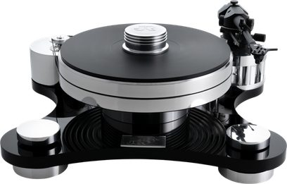 Černý a chromovaný gramofon Transrotor Zet 1, masivní kruhový talíř, raménko vpravo, pohled ze tří čtvrtin