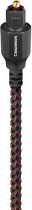 Cavo digitale ottico Audioquest Cinnamon ottico 3m nero con guaina intrecciata in nylon nero e rosso, connettore Toslink nero con punta dorata e marcatura bianca, primo piano