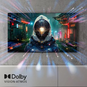 Dolby Vision Atmos-tv der viser en futuristisk cyberpunk-byscene med en figur i teknologisk kostume