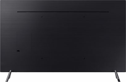 Sort Samsung UE49MU7055 fladskærms-TV, set forfra, stående på to metalben