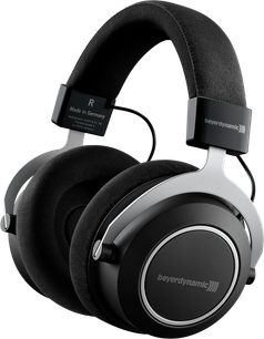 Beyerdynamic Amiron trådløse hodetelefoner, sett fra siden, polstret svart hodebøyle, sirkulære svarte øreklokker, synlig logo