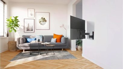 Moderne stue med grå sofa, farvede puder, grønne planter, billeder på væggen og drejelig sort vægmonteret TV-holder
