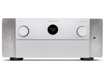 Front panel of a Marantz Cinema 40 silver home theater amplifier, sleek design, LCD screen, buttons, headphone jack