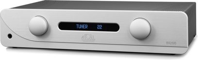 Hi-fi stereo forstærker Atoll Electronique IN200 Evolution sølv, set forfra, 2 cirkulære knapper, centralt display viser "TUNER 22"