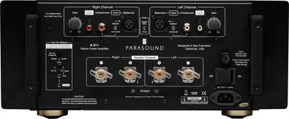 Stereo zesilovač Parasound A21+ černý, zadní panel, audio konektory RCA a XLR, přepínače a nastavení