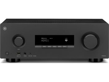 Yamaha RX500A hjemmekinoforsterker i svart, forfra med sentral skjerm, valgknapper og to dreiehjul