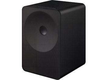 Altavoz conectado Samsung HW-LS70H negro con rejilla perforada, formato rectangular con esquinas redondeadas, vista en tres cuartos