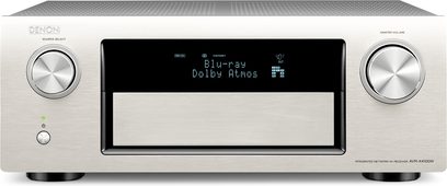 Amplituner kina domowego Denon AVR-X4100W w kolorze srebrnym, aluminiowy panel przedni, niebieski wyświetlacz LCD, pokrętła, port USB