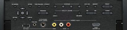 Yamaha RX-A3040 surround receiver i sort titan, forfra, nærbillede, knapper, audio/video-tilslutninger, skærm