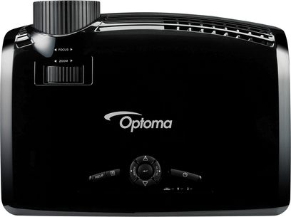 Optoma EX542 sort videoprojektor, frontvisning, med zoom og justeringsknap, på hvid baggrund