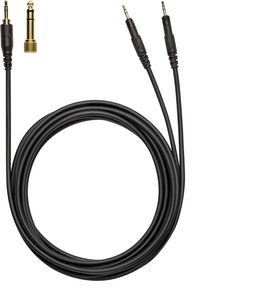 Sort, aftageligt lydkabel i glat plast, set forfra, udstyret med et lige 3,5 mm jackstik med forgyldt 6,35 mm adapter og to 2,5 mm minijackstik, tilbehør til Audio Technica ATH-R70xa