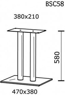 Frontal visning af Spectral BSC58 hi-fi møbel med dimensioner 380x210 mm for hylden og 470x380 mm ved gulvet, 3 ben