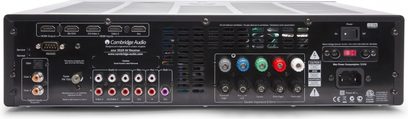Cambridge Audio Azur 351R sort hjemmebiografforstærker, frontpanel, frontvisning, synlige stik og knapper