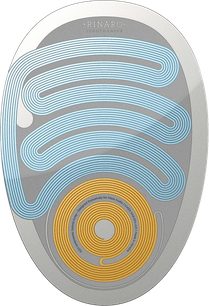 Sezione trasversale di una cuffia audio Meze Liric che mostra le membrane concentriche gialla e blu chiaro su sfondo grigio metallizzato