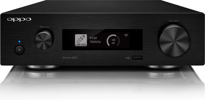 OPPO SONICA DAC EU netværksaudioafspiller, mat sort frontpanel, LCD-skærm, 3 drejeknappper, refleksion