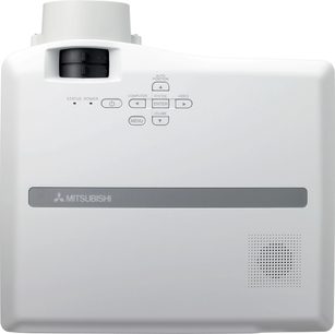 Bílý projektor Mitsubishi WL2650U, pohled zepředu, ovládací tlačítka nahoře, logo dole, ventilační mřížka