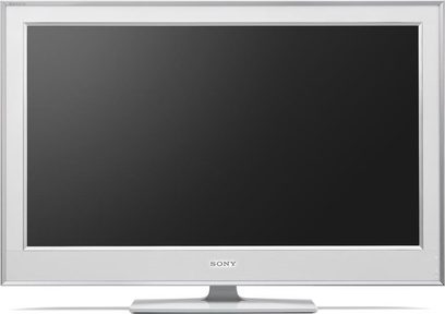 Sort Sony KDL-40E4020 fladskærms-tv slukket i en lys grå ramme, set forfra