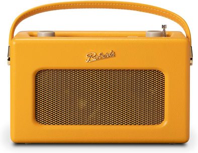 Radio da tavolo Roberts Revival iStream 3L gialla, custodia rettangolare in similpelle a grana con maniglia arcuata coordinata, griglia frontale metallica rettangolare e due pulsanti cilindrici sopra, vista frontale
