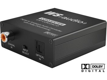 Wyrestorm EXP-CON-DAC-D sort audio DAC-konverter, set forfra, med koaksial, optisk og frontvælger-tilslutninger