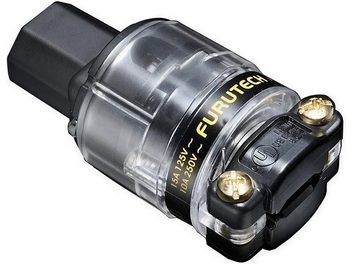 Furutech FI-11CU IEC mains power cable, gold-plated connectors, transparent body revealing internal conductors