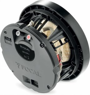 Indbygningshøjttaler til loftet Focal 300 ICW6, bagsidevisning, cirkulær form, sort kabinet, røde og hvide stik